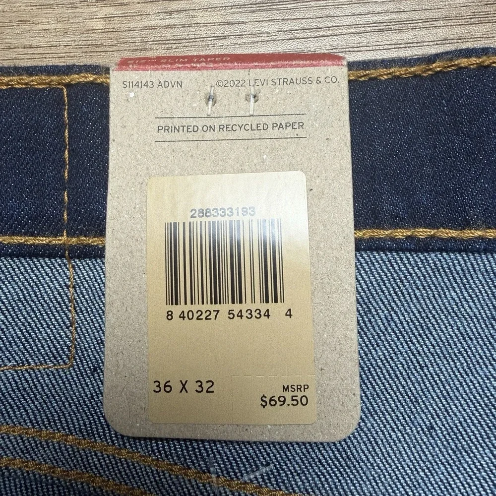 Levis 512 Jeans Men 36x32 Blue Slim‎ Tapered Stretch Denim Dark Indigo Wash NEW